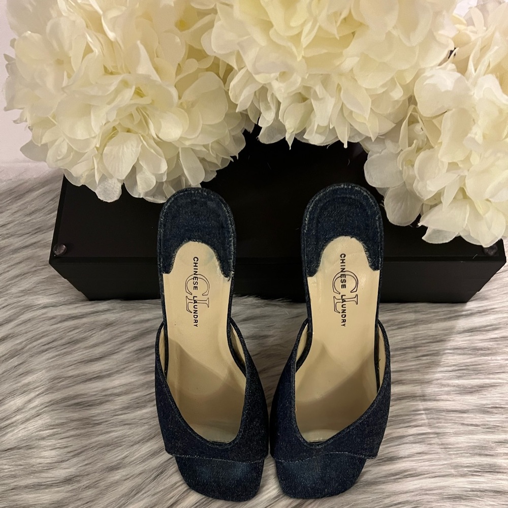 Chinese Laundry Dark Denim Open Toe Slip On Heels
